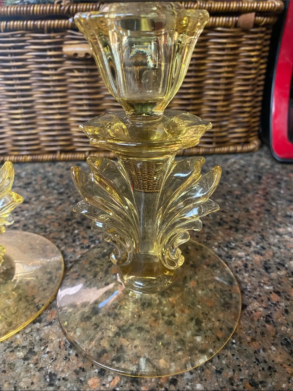 Vintage 1940’s Fostoria Baroque Topaz Yellow Glass Candlesticks